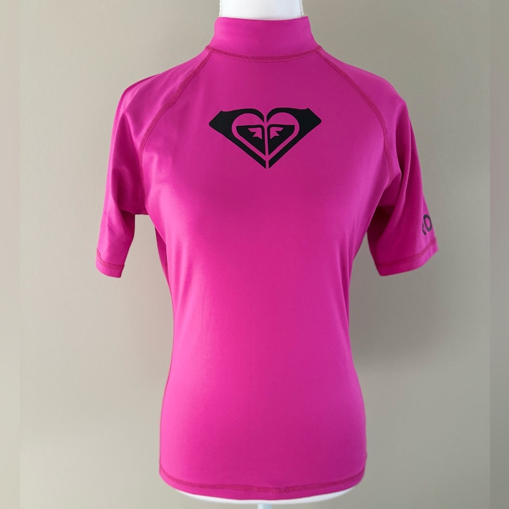 Roxy Girls Pink Short Sleeve Rash Guard Swim Top Size 10 UV Surf Beach